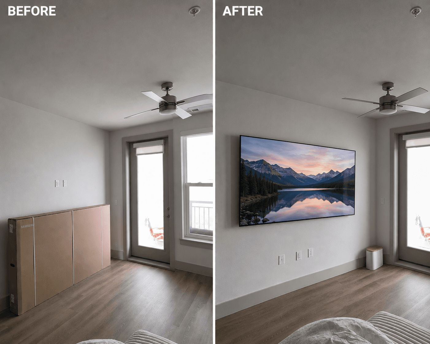 Before and after TV wall mount installation in Tampa living room