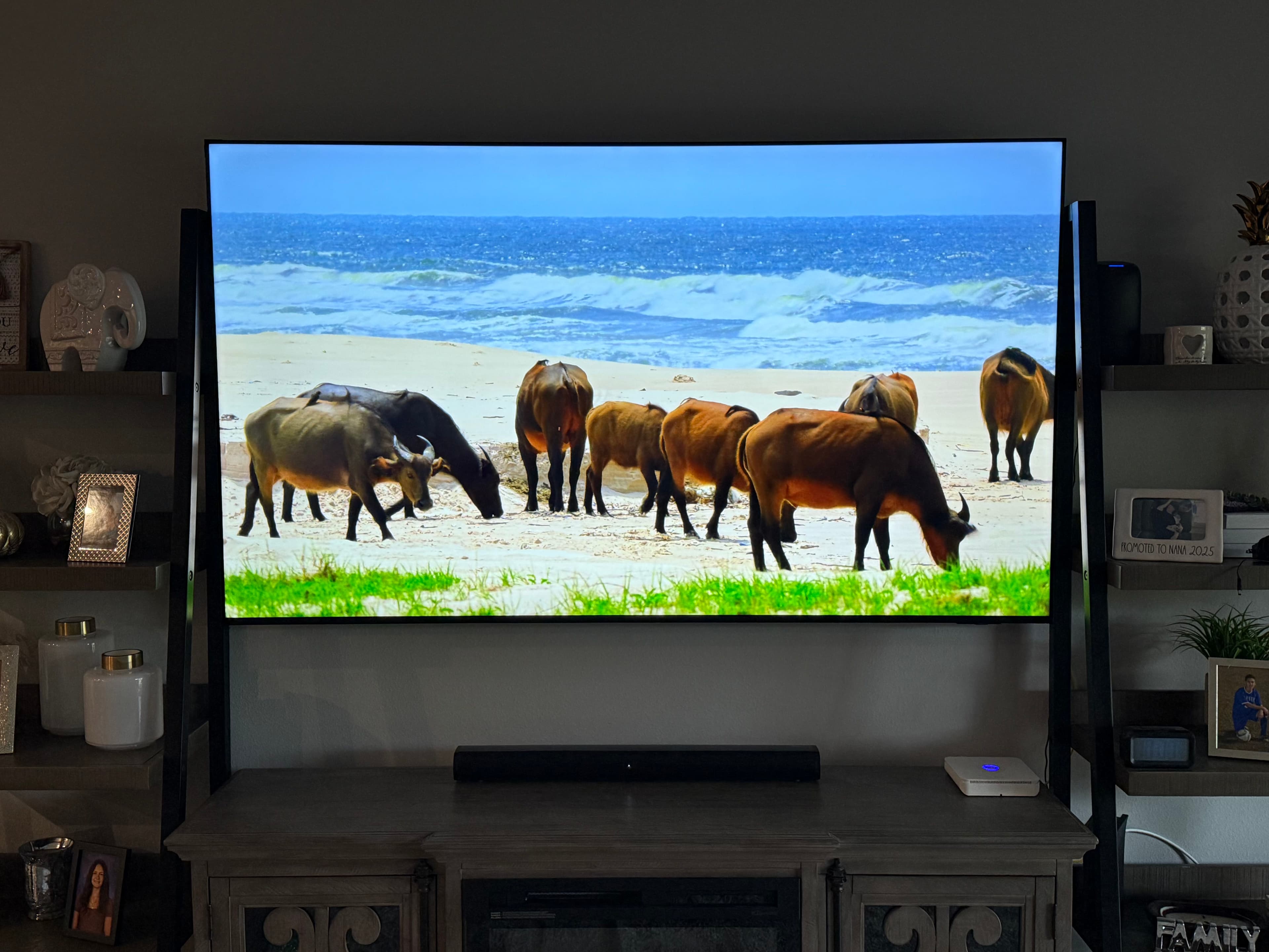 TV mounted within decorative floating ladder shelf unit, Tampa home